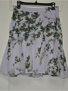 White House Black Market Lavender Floral Circle Skirt with Green Leaf Print